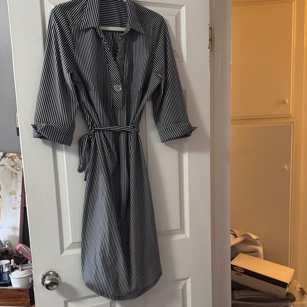 Striped Belted Shirt Dress - Black and White